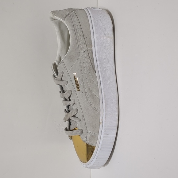 Puma Gray Suede Gold Patent Toe Creeper Platform Sneakers women's 8.5 - Picture 1 of 9